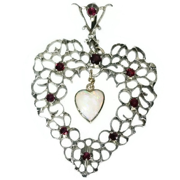 Silver Victorian Flemish heart pendant with rubies and heart shaped opal